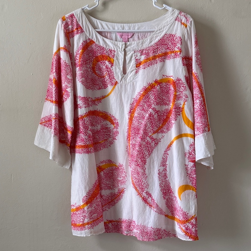 Lilly Pulitzer Pink Lady Classic White Sea Whip Kimono Tunic Top Size Small